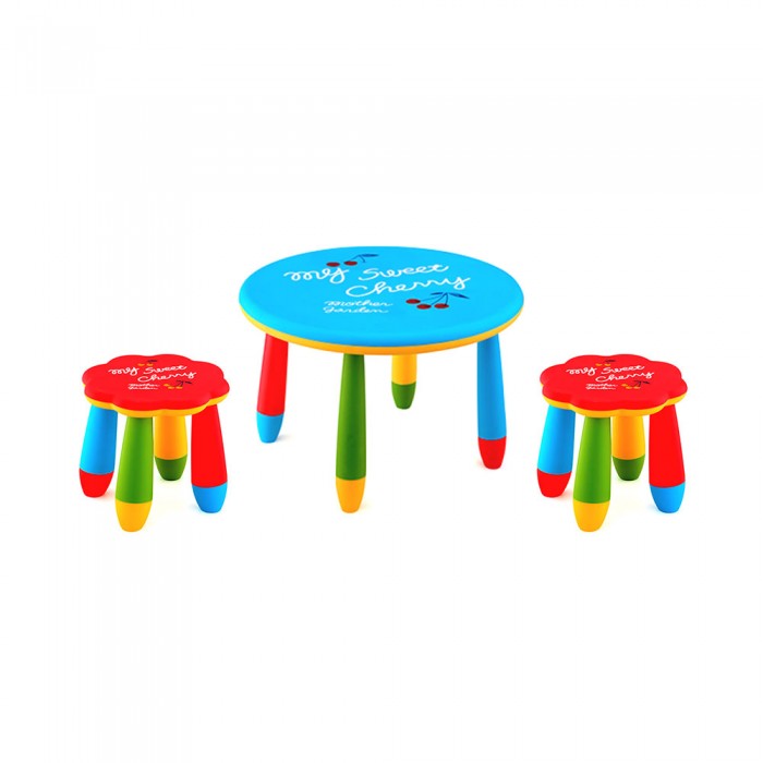 Set mobilier copii RAKI, plastic, masa rotunda SLANTE D70xh47cm albastra cu 2 scaune FLOARE rosii