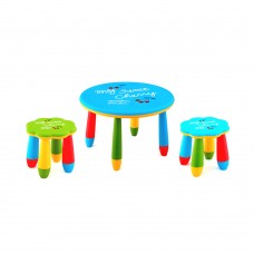 Set mobilier copii RAKI, plastic, masa rotunda SLANTE D70xh47cm albastra cu 2 scaune FLOARE verde si albastru