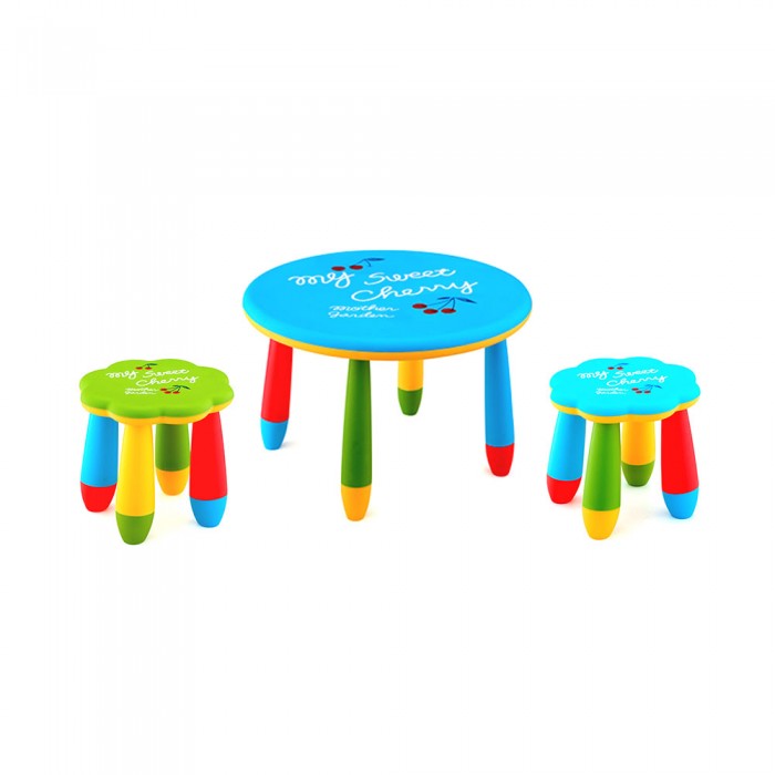 Set mobilier copii RAKI, plastic, masa rotunda SLANTE D70xh47cm albastra cu 2 scaune FLOARE verde si albastru