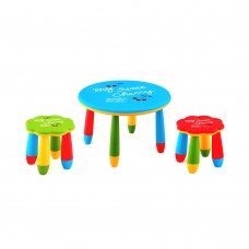 Set mobilier copii RAKI, plastic, masa rotunda SLANTE D70xh47cm albastra cu 2 scaune FLOARE verde si rosu