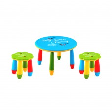 Set mobilier copii RAKI, plastic, masa rotunda SLANTE D70xh47cm albastra cu 2 scaune FLOARE verzi