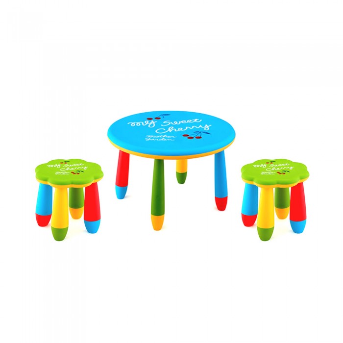 Set mobilier copii RAKI, plastic, masa rotunda SLANTE D70xh47cm albastra cu 2 scaune FLOARE verzi