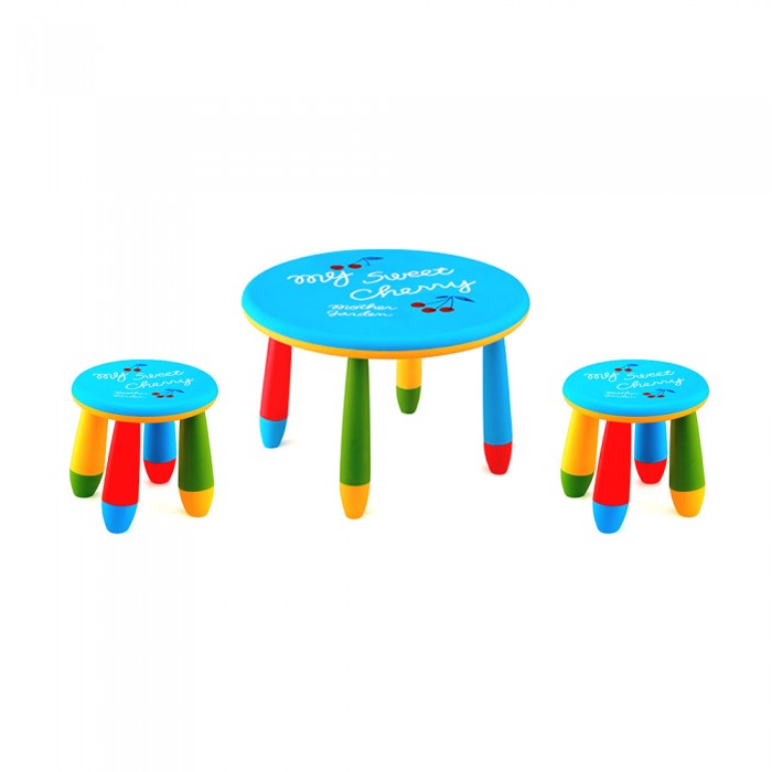 Set mobilier copii RAKI, plastic, masa rotunda SLANTE D70xh47cm albastra cu 2 scaune GOGOASA albastre
