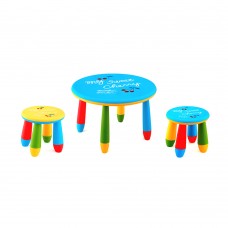 Set mobilier copii RAKI, plastic, masa rotunda SLANTE D70xh47cm albastra cu 2 scaune GOGOASA galben si albastru