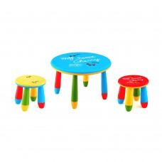 Set mobilier copii RAKI, plastic, masa rotunda SLANTE D70xh47cm albastra cu 2 scaune GOGOASA galben si rosu