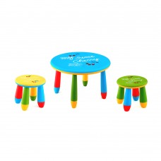 Set mobilier copii RAKI, plastic, masa rotunda SLANTE D70xh47cm albastra cu 2 scaune GOGOASA galben si verde