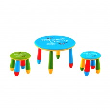 Set mobilier copii RAKI, plastic, masa rotunda SLANTE D70xh47cm albastra cu 2 scaune GOGOASA verde si albastru