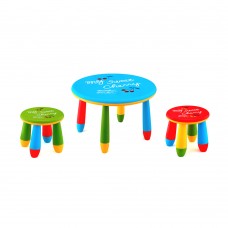 Set mobilier copii RAKI, plastic, masa rotunda SLANTE D70xh47cm albastra cu 2 scaune GOGOASA verde si rosu