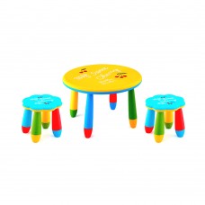Set mobilier copii RAKI, plastic, masa rotunda SLANTE D70xh47cm galbena cu 2 scaune FLOARE albastre