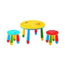 Set mobilier copii RAKI, plastic, masa rotunda SLANTE D70xh47cm galbena cu 2 scaune FLOARE albastru si rosu