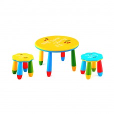 Set mobilier copii RAKI, plastic, masa rotunda SLANTE D70xh47cm galbena cu 2 scaune FLOARE galben si albastru