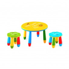 Set mobilier copii RAKI, plastic, masa rotunda SLANTE D70xh47cm galbena cu 2 scaune FLOARE verde si albastru