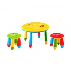 Set mobilier copii RAKI, plastic, masa rotunda SLANTE D70xh47cm galbena cu 2 scaune FLOARE verde si rosu