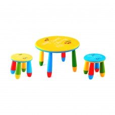 Set mobilier copii RAKI, plastic, masa rotunda SLANTE D70xh47cm galbena cu 2 scaune GOGOASA galben si albastru