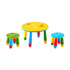 Set mobilier copii RAKI, plastic, masa rotunda SLANTE D70xh47cm galbena cu 2 scaune GOGOASA verde si albastru