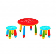 Set mobilier copii RAKI, plastic, masa rotunda SLANTE D70xh47cm rosie cu 2 scaune FLOARE albastre
