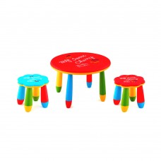 Set mobilier copii RAKI, plastic, masa rotunda SLANTE D70xh47cm rosie cu 2 scaune FLOARE albastru si rosu