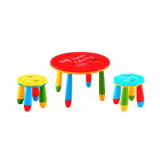 Set mobilier copii RAKI, plastic, masa rotunda SLANTE D70xh47cm rosie cu 2 scaune FLOARE galben si albastru