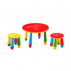 Set mobilier copii RAKI, plastic, masa rotunda SLANTE D70xh47cm rosie cu 2 scaune FLOARE galben si rosu