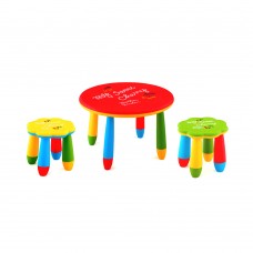 Set mobilier copii RAKI, plastic, masa rotunda SLANTE D70xh47cm rosie cu 2 scaune FLOARE galben si verde