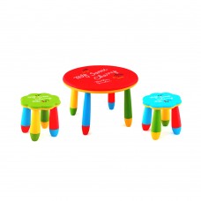 Set mobilier copii RAKI, plastic, masa rotunda SLANTE D70xh47cm rosie cu 2 scaune FLOARE verde si albastru