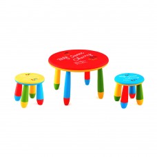 Set mobilier copii RAKI, plastic, masa rotunda SLANTE D70xh47cm rosie cu 2 scaune GOGOASA galben si albastru