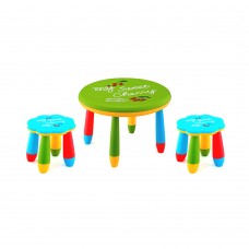 Set mobilier copii RAKI, plastic, masa rotunda SLANTE D70xh47cm verde cu 2 scaune FLOARE albastre