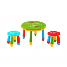 Set mobilier copii RAKI, plastic, masa rotunda SLANTE D70xh47cm verde cu 2 scaune FLOARE albastru si rosu