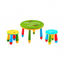 Set mobilier copii RAKI, plastic, masa rotunda SLANTE D70xh47cm verde cu 2 scaune FLOARE galben si albastru