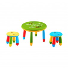 Set mobilier copii RAKI, plastic, masa rotunda SLANTE D70xh47cm verde cu 2 scaune GOGOASA galben si albastru