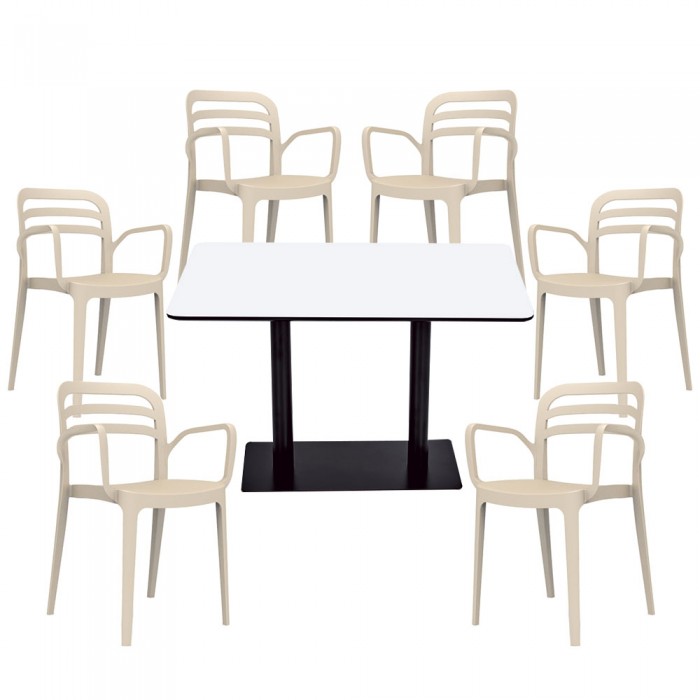 Set mobilier dining/bucatarie RAKI, masa dreptunghiulara cu blat MDF melaminat 120x80x75cm cu 6 scaune Aspendos 54,5x54,3xH81,9cm bej
