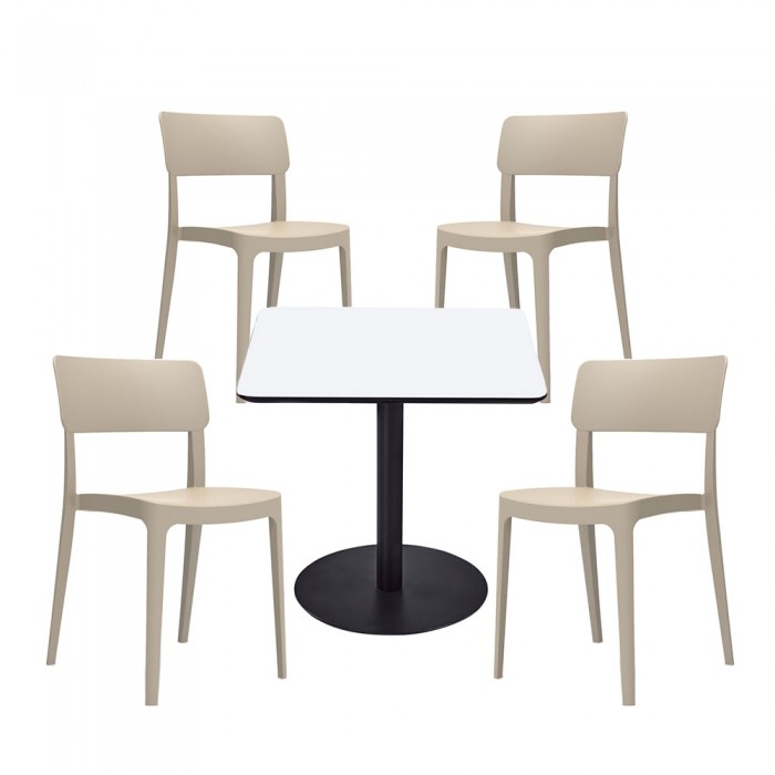 Set mobilier dining/bucatarie RAKI, masa patrata cu blat MDF melaminat 80x80x75cm, 4 scaune Pano 47,1x45,3xH81,9cm bej