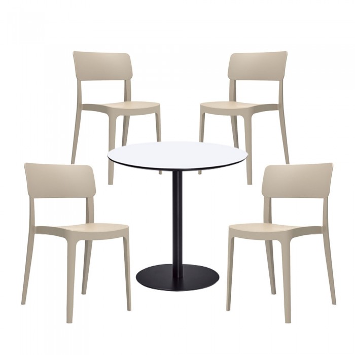 Set mobilier dining/bucatarie RAKI, masa rotunda cu blat MDF melaminat 80x75cm, 4 scaune Pano 47,1x45,3xH81,9cm bej