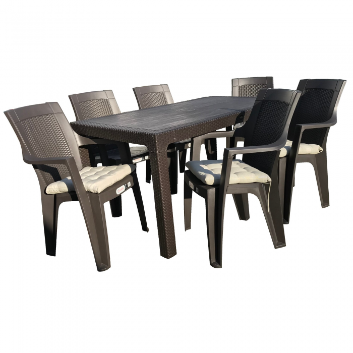 Set mobilier gradina RAKI GARDELA, masa CLASSI RATAN 150x90xh75cm cu 6 scaune ELEGANCE RATAN 62x57xh88cm si perne, culoare cafea