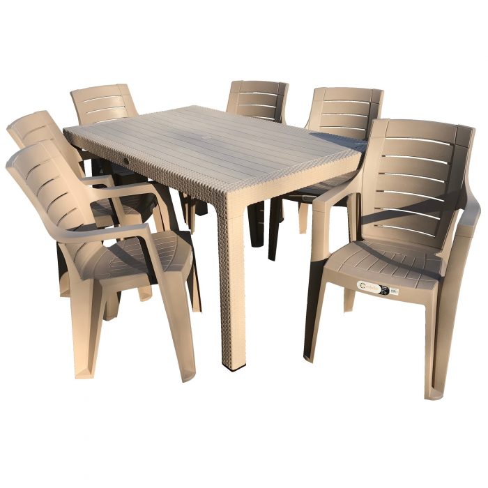 Set mobilier gradina RAKI GARDELA, masa CLASSI RATAN 150x90xh75cm cu 6 scaune ELEGANCE WOOD 62x57xh88cm culoare cappuccino