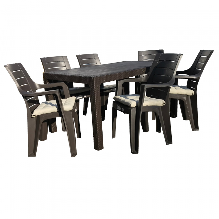 Set mobilier gradina RAKI GARDELA, masa CLASSI RATAN 150x90xh75cm cu 6 scaune ELEGANCE WOOD 62x57xh88cm si perne, culoare cafea