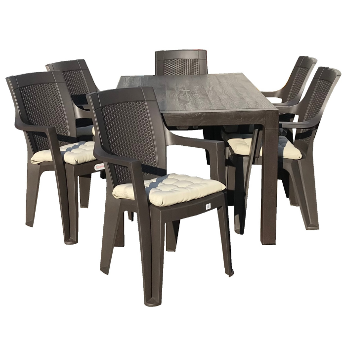 Set mobilier gradina RAKI GARDELA, masa CLASSI WOOD 150x90xh75cm cu 6 scaune ELEGANCE RATAN 62x57xh88cm si perne, culoare cafea