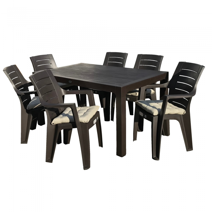 Set mobilier gradina RAKI GARDELA, masa CLASSI WOOD 150x90xh75cm cu 6 scaune ELEGANCE WOOD 62x57xh88cm si perne, culoare cafea