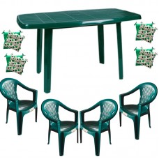 Set mobilier gradina RAKI, masa Mutum 140x80xh72cm si 4 scaune Carnaval 53x45xh78cm cu perne, plastic verde
