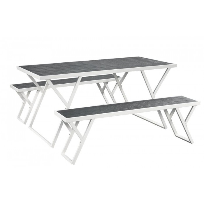 Set mobilier gradina RAKI PLASTIC WOOD, masa dreptunghiulara + 2 banci, plastic antracit si cadru metalic alb