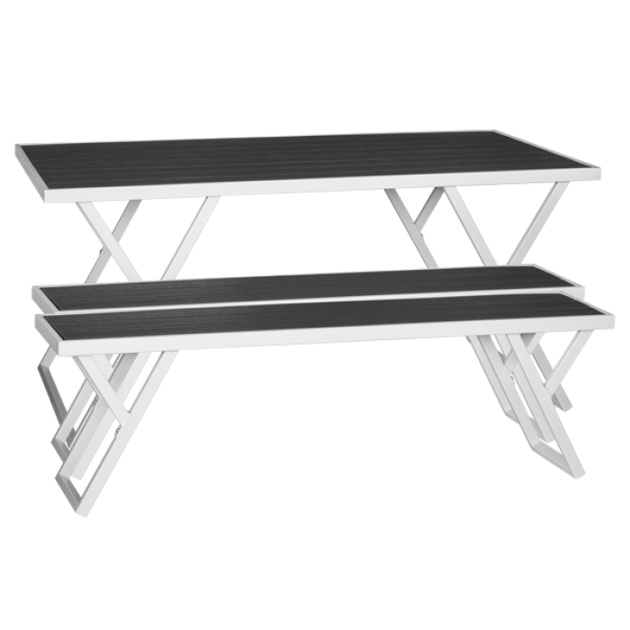 Set mobilier gradina RAKI PLASTIC WOOD, masa dreptunghiulara + 2 banci, plastic antracit si cadru metalic alb
