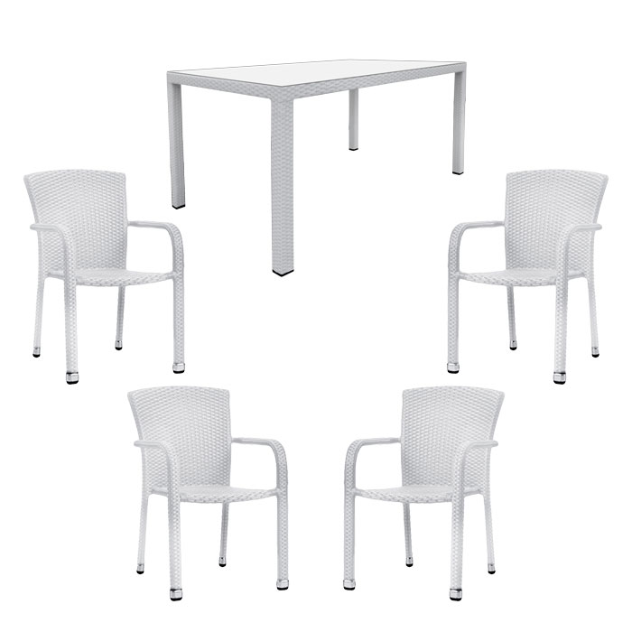 Set mobilier gradina ratan sintetic alb RAKI MACAPA, masa 150x90xh75cm cu 4 scaune 56x56xh82cm