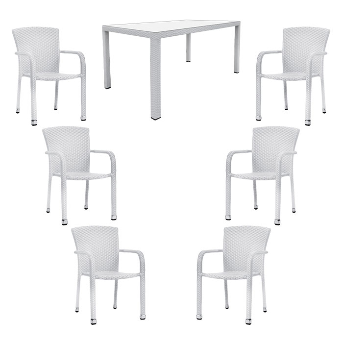 Set mobilier gradina ratan sintetic alb RAKI MACAPA, masa 150x90xh75cm cu 6 scaune 56x56xh82cm