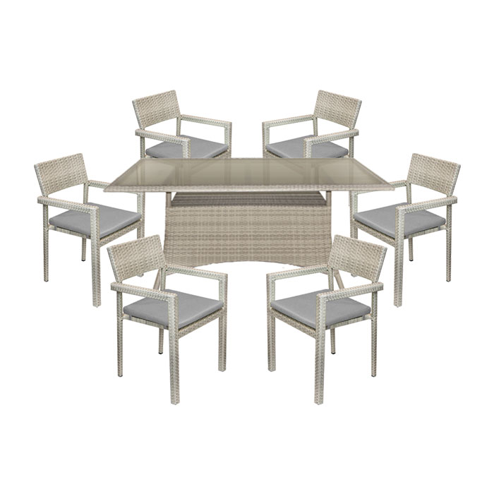 Set mobilier gradina ratan sintetic gri RAKI BELEM, masa 160x90xh74cm, 6 scaune cu brate si perne