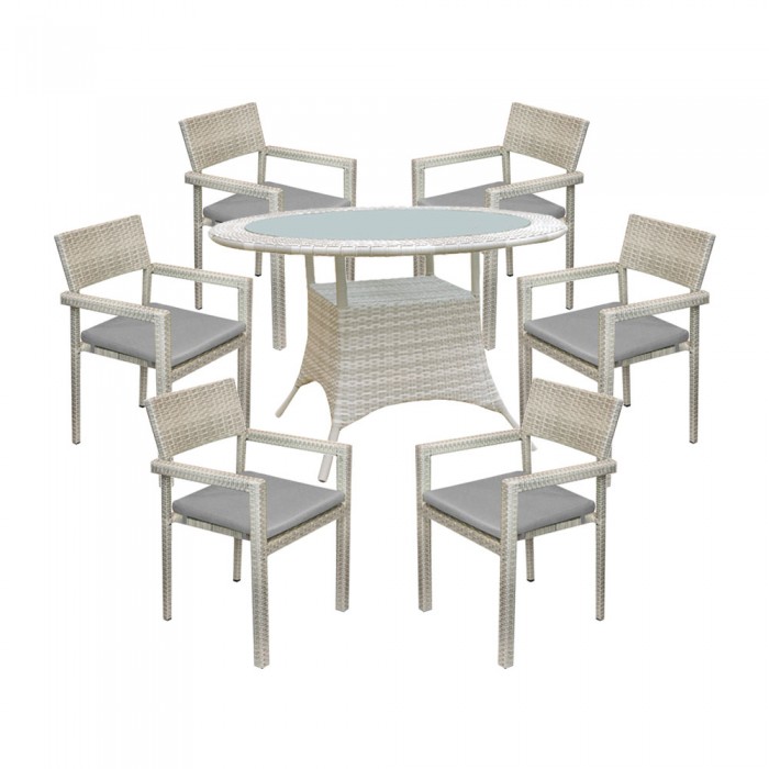 Set mobilier gradina ratan sintetic gri RAKI GOIAS, masa rotunda D120xh74cm, 6 scaune cu brate si perne