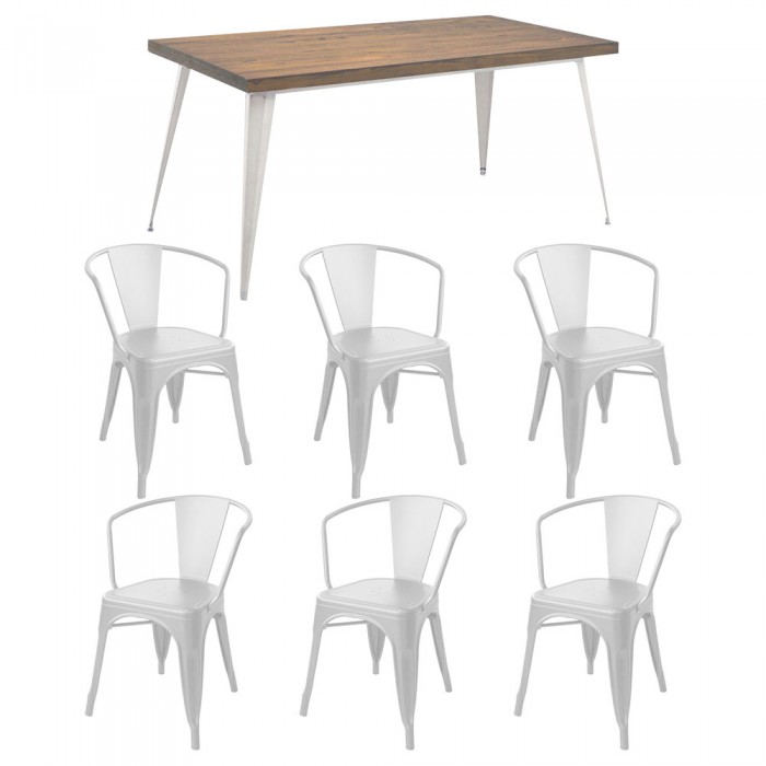 Set mobilier restaurant RAKI RETRO, masa dreptunghiulara 160x80xh75cm, 6 scaune 48x51xh74cm, metal/lemn, culoare alba