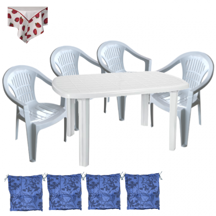 Set mobilier terasa CULINARO KARTENA, masa ovala 125x80cm cu 4 scaune SILVI 53x45xh78cm plastic alb, 4 perne scaun si fata de masa