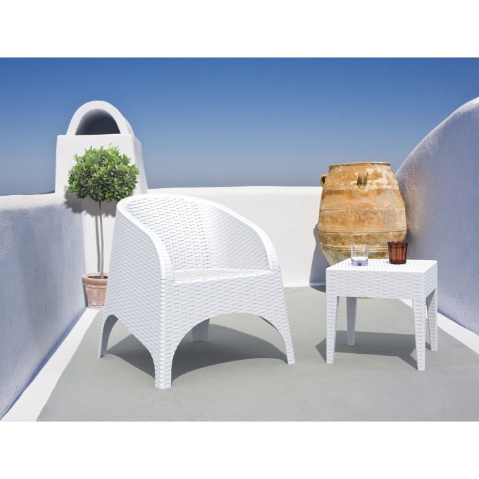 Set mobilier terasa/gradina RAKI, 2 fotolii ARUBA 74x75xh80cm cu masuta cafea MIAMI 45x45xh45cm polipropilena/fibra sticla culoare alba + 2 perne