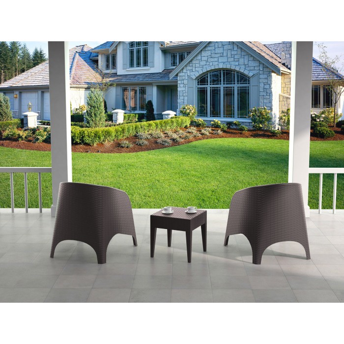 Set mobilier terasa/gradina RAKI, 2 fotolii ARUBA 74x75xh80cm cu masuta cafea MIAMI 45x45xh45cm polipropilena/fibra sticla culoare maro + 2 perne