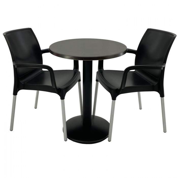 Set mobilier terasa RAKI, 2 scaune Sunset negre, masa rotunda D60cm cu blat Werzalit New Wenge si baza metalica neagra